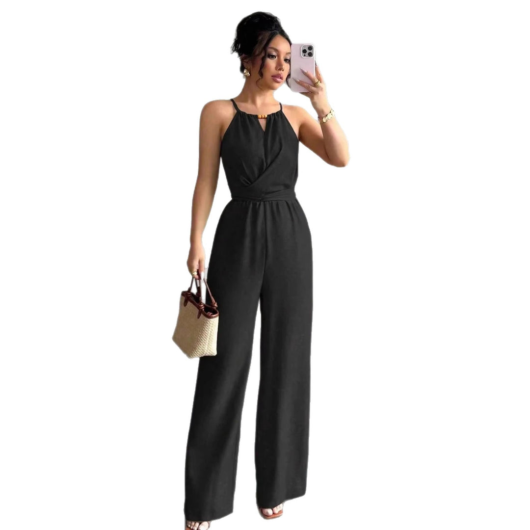 Damen Ärmelloser Neckholder-Jumpsuit mit Wickeloberteil und weitem Bein Echo Archiv