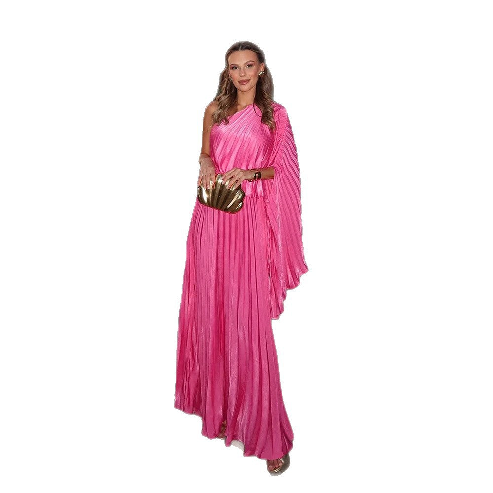 Damen Ein-Schulter Plissee-Maxikleid mit drapiertem Oberteil und weitem Volantrock Echoarchiv
