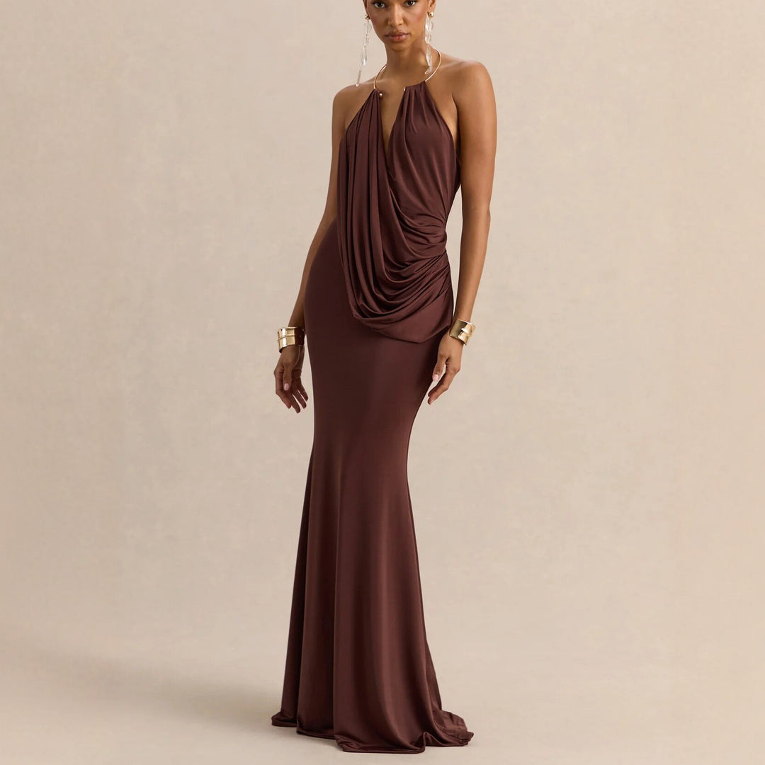 Damen Raffiniertes Maxikleid mit tiefem V-Ausschnitt und Drapierung Echo Archiv