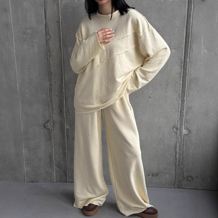 Damen weiches Oversize Lounge-Set mit diagonalem Ziernähten und extra weiter Palazzo-Hose – Élanora