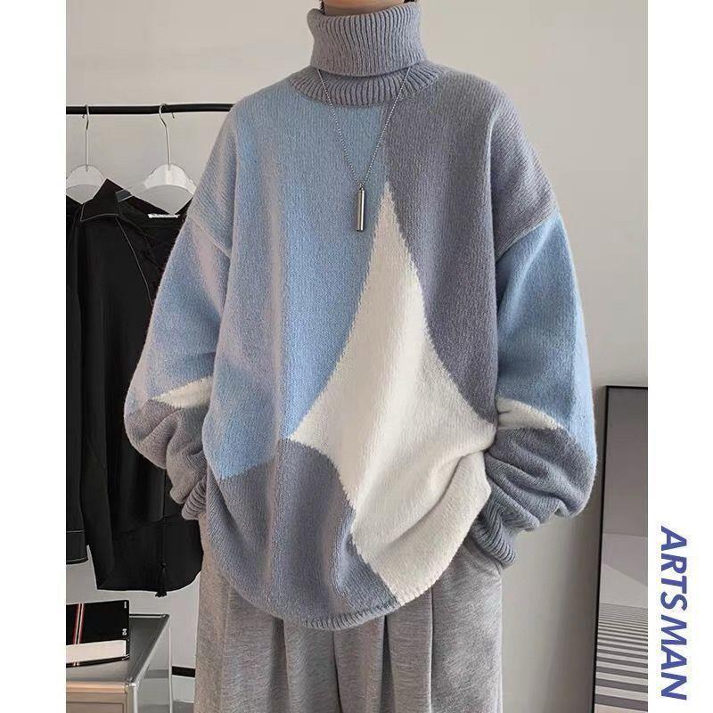 Herren Grobstrickpullover mit hohem Kragen und modernen Farbblocks Echoarchiv