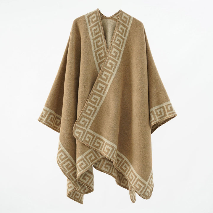 Damen Cape‑Poncho mit Mäander‑Bordüre und Wollmix‑Qualität – Montévia