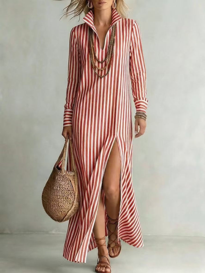Damen Langes Hemdkleid im Streifen-Look mit Kragen, langen Ärmeln und hohem Beinschlitz Echoarchiv