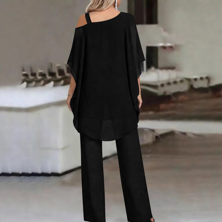 Damen Elegantes Chiffon-Zweiteiler mit Lagen‑Tunika, asymmetrischem Ein‑Schulter‑Detail und weiter Palazzohose – Élanora