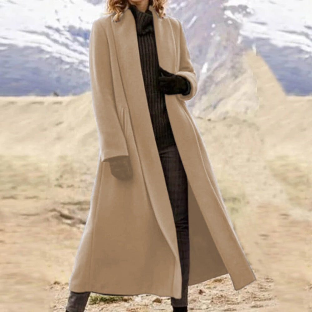Damen eleganter langer Wollmix-Mantel mit offenem Fall und seitlichen Eingrifftaschen Echoarchiv
