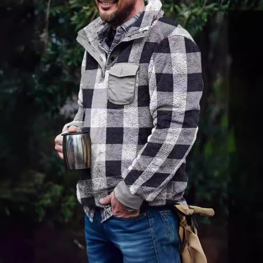 Herren Fleece-Pullover mit Karomuster und Hohem Kragen – Marzano