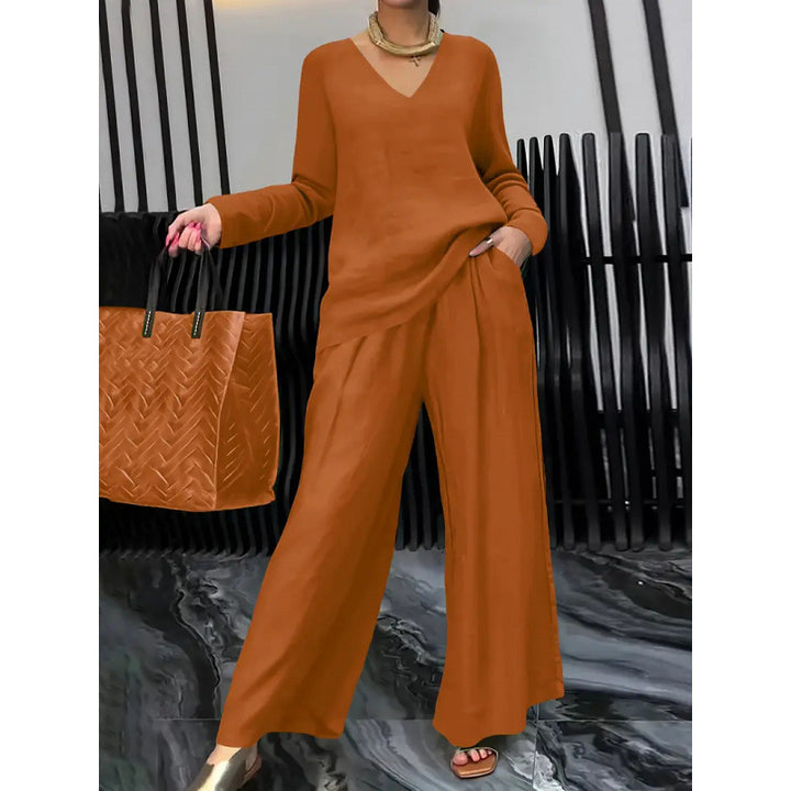 Damen Feiner V-Ausschnitt Strickpullover mit fließender Palazzo-Hose Echo Archiv