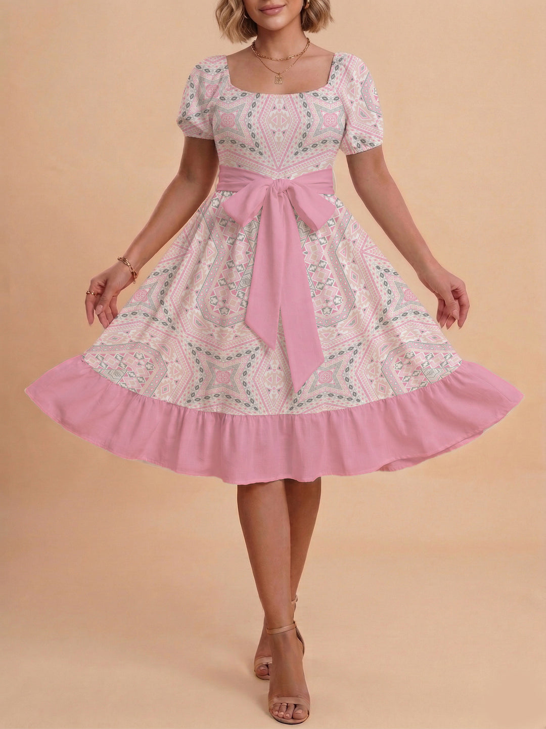 Damen modernes Blumenkleid mit elegantem Taillengürtel und asymmetrischem Saum Echo Archiv