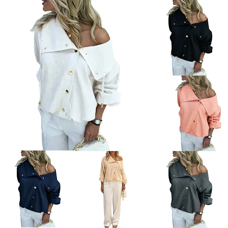 Damen Oversize Off-Shoulder Leinenbluse mit asymmetrischem Kragen und Zierknopfleiste Echo Archiv