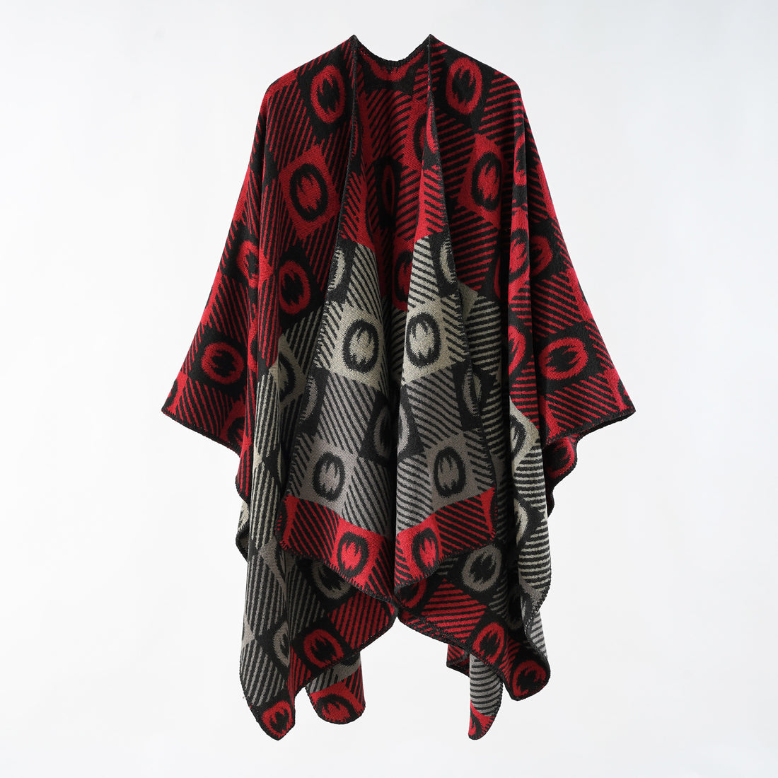 Damen Jacquard-Wickelponcho aus feinem Strick mit grafischem Kreis-Jacquard und offener Kimono-Silhouette – Veloura