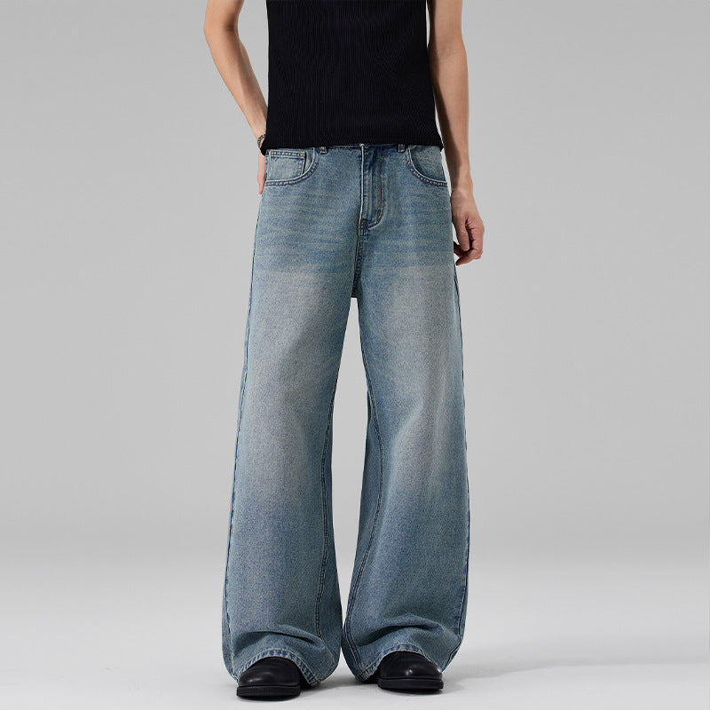 Damen Ultraweite Bodenlange Denim-Palazzohose mit skulpturaler Weite und soften Bleach-Akzenten Echo Archiv