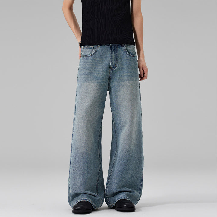 Damen Ultraweite Bodenlange Denim-Palazzohose mit skulpturaler Weite und soften Bleach-Akzenten Echo Archiv