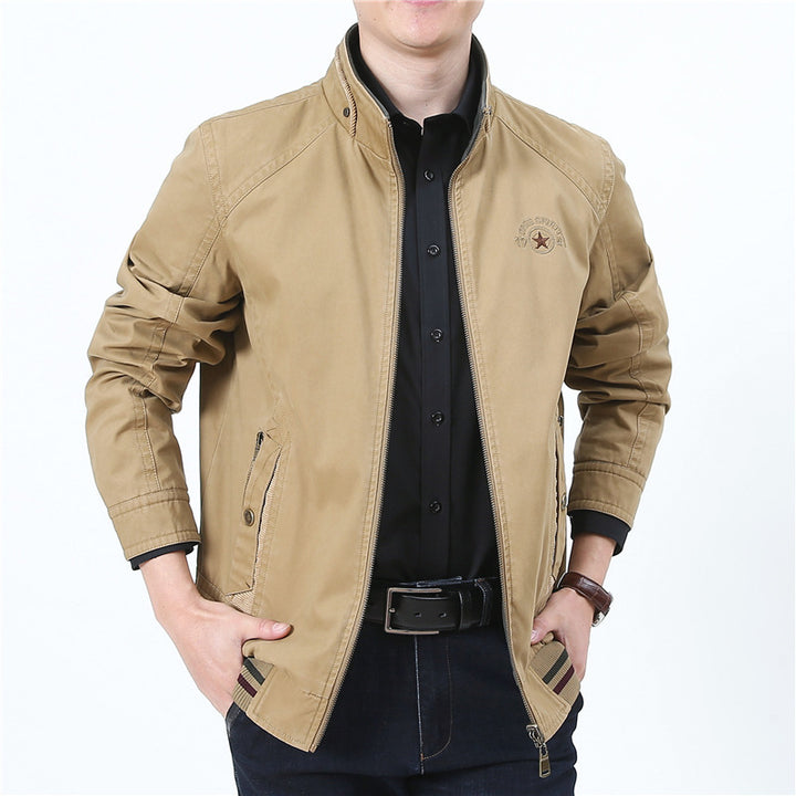 Herren leichte Canvas-Übergangsjacke mit Stehkragen, Reißverschluss und geripptem Saum Echoarchiv
