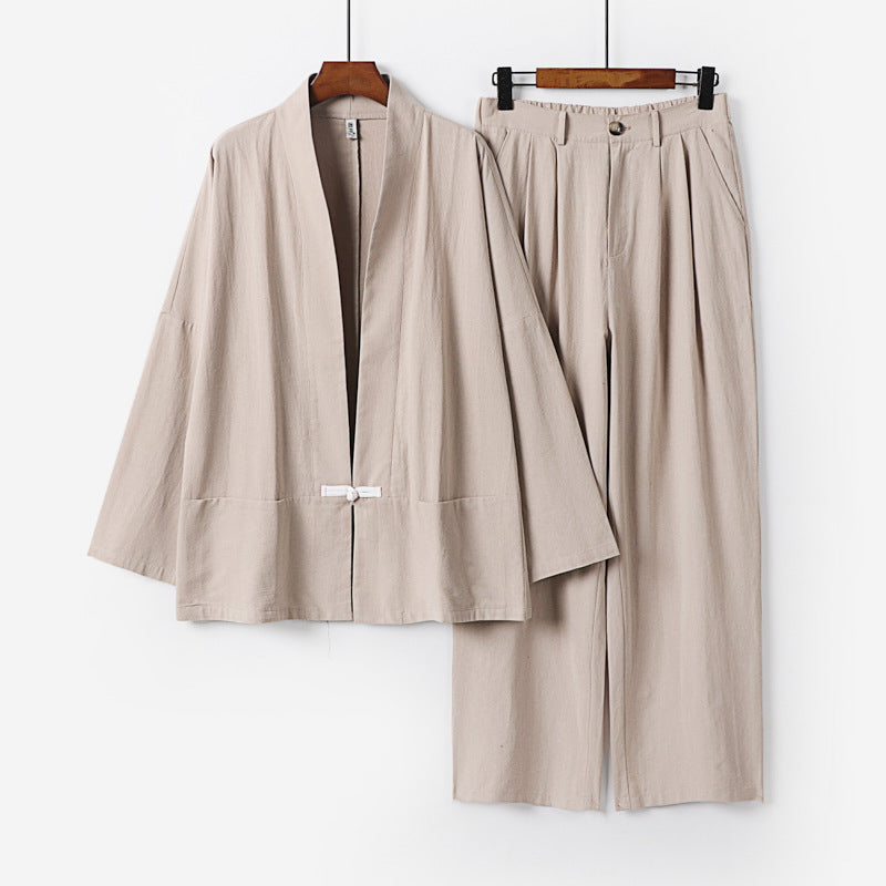 Damen Kimono-Lounge-Set aus leichtem Viskose-Leinen mit dekorativem Knebelverschluss und weiter Bundhose Echoarchiv