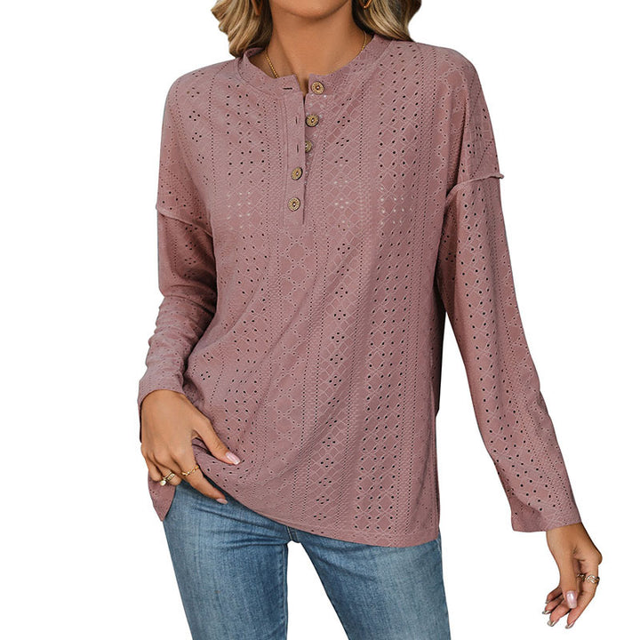 Damen Langärmelige Broderie-Anglaise-Bluse mit Henley-Knopfleiste & seitlichen Schlitzen Echoarchiv