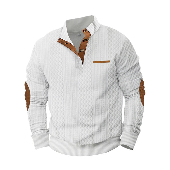 Herren nan strukturiertes Halbknopf-Pullover mit gesteppter Oberfläche, Ellbogen-Patches und Stehkragen Echo Archiv