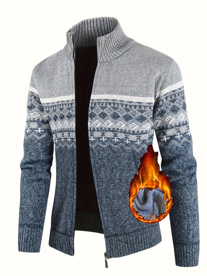 Herren Thermo-Strickjacke mit Stehkragen und Reißverschluss Norwegerstrick Fleece-gefüttert – Taviero
