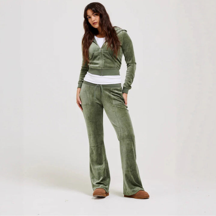 Damen Samtvelours Cropped-Zipjacke mit Kängurutasche und hochgeschnittener Bündchenhose – Auréline