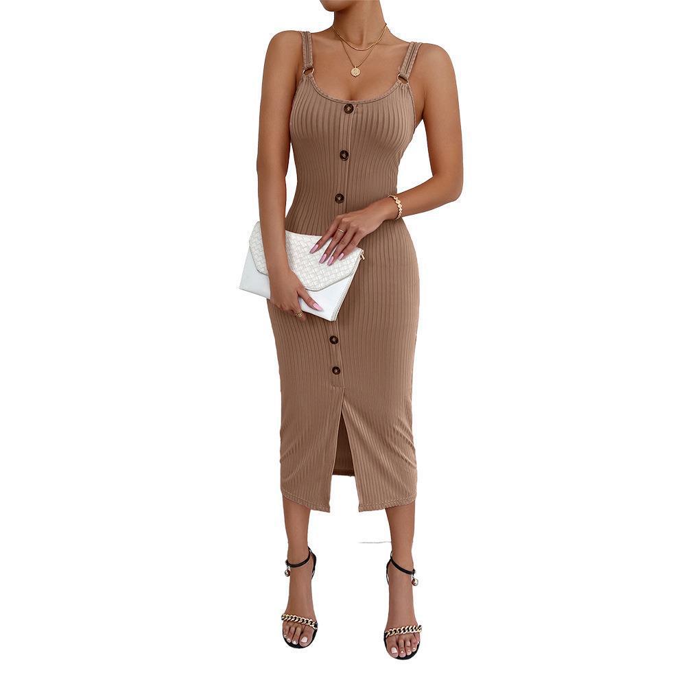 Damen knielanges figurbetontes Kleid mit Knopfleiste und Spaltung Echo Archiv