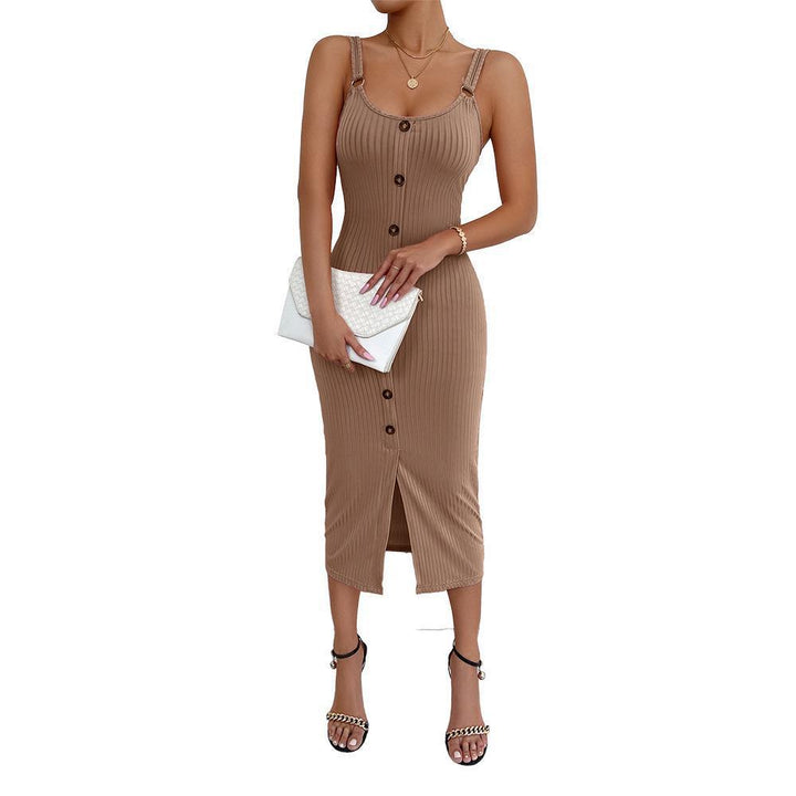 Damen knielanges figurbetontes Kleid mit Knopfleiste und Spaltung Echo Archiv