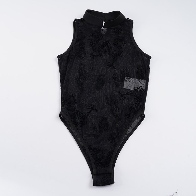 Damen sexy Bodysuit mit eleganten Spitzenakzenten und Stehkragen Echo Archiv