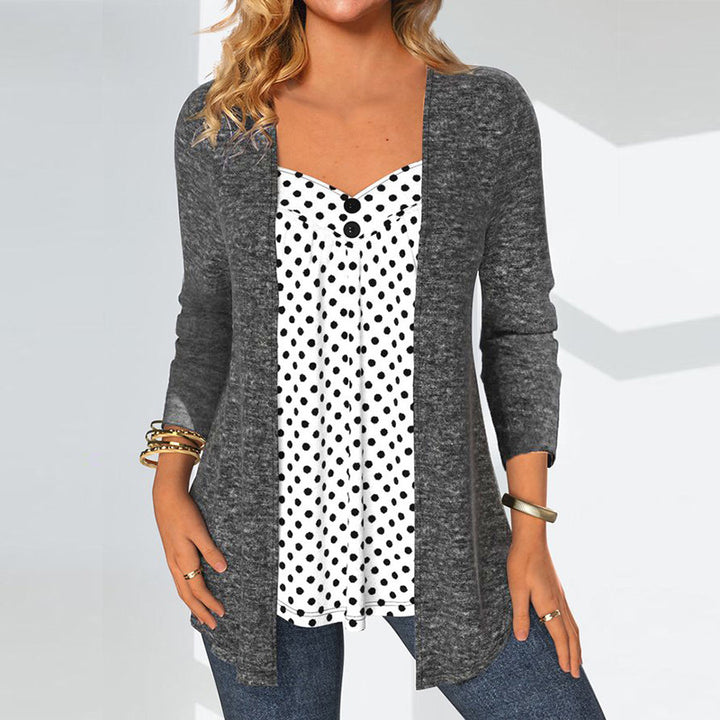 Damen Offener Longcardigan mit integriertem Tupfen-Einsatz und figurumspielender Innenbluse – Avérine