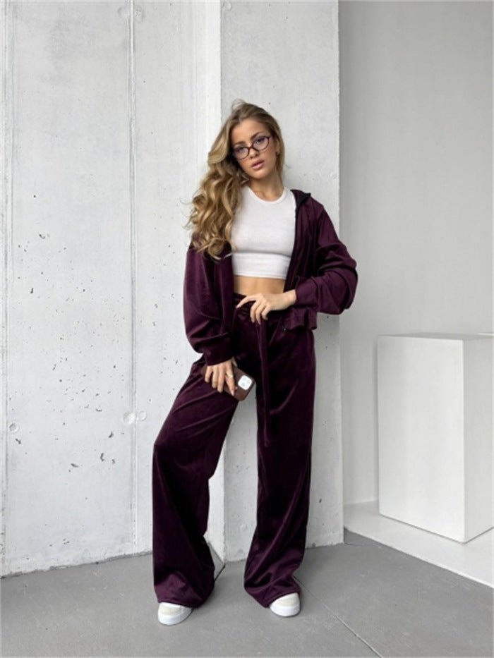 Damen weicher Velours Zweiteiler mit Kapuzenjacke und weiter Jogginghose – Élanora