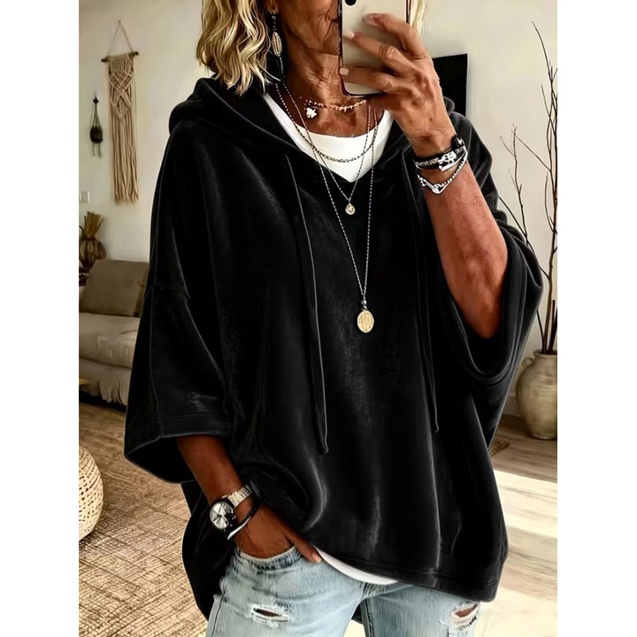 Damen Luxuriöser Samt-Hoodie mit Kimono-Kurzärmeln und Tunnelzug Echoarchiv