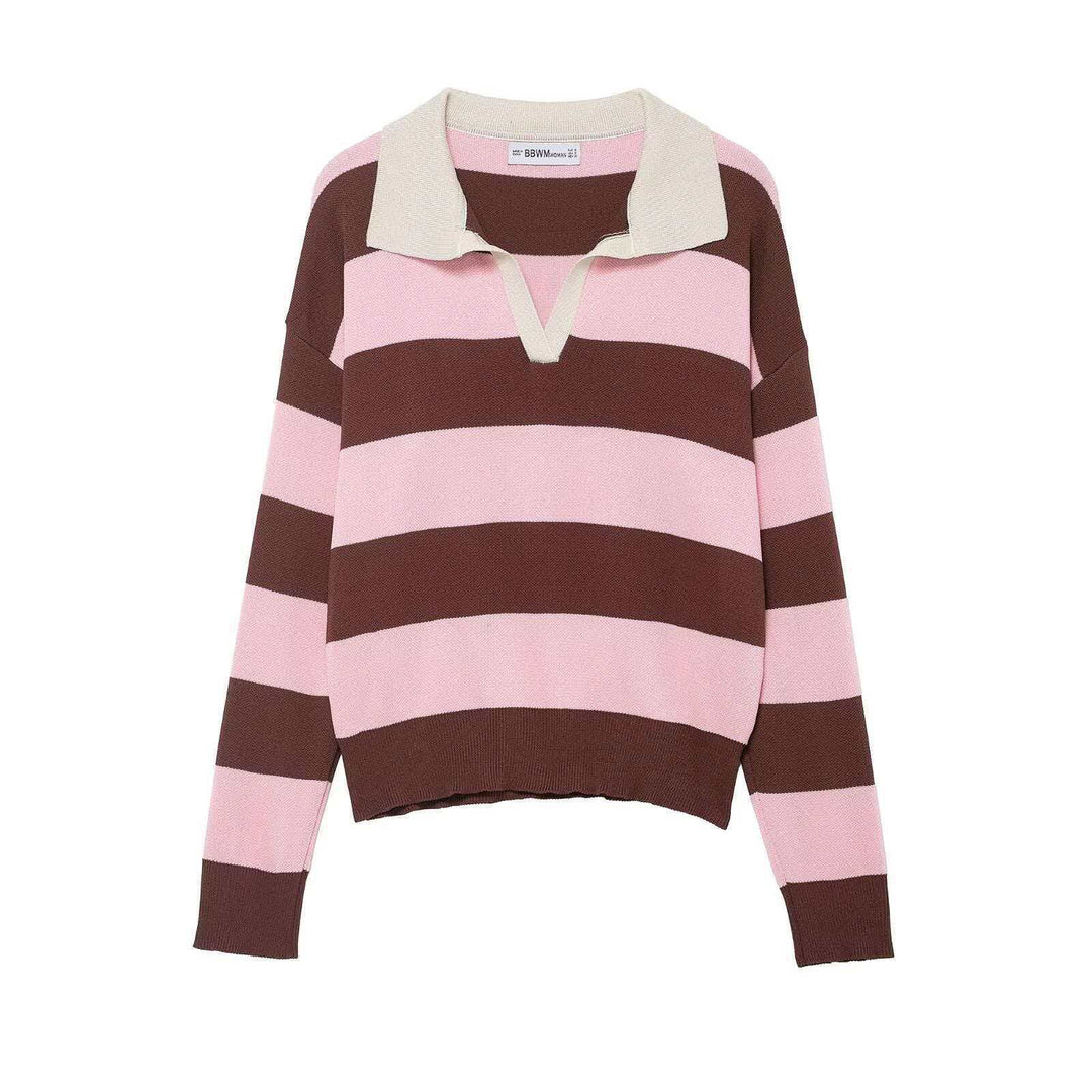 Damen nan gestreifter Rugby-Pullover mit Polokragen, V‑Ausschnitt und verlängerten Rippbündchen Echo Archiv