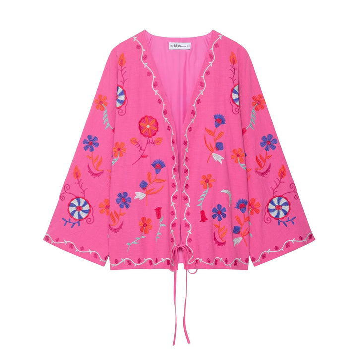 Damen Bestickte Kimono-Jacke mit Bindeband und Blumenapplikation Echoarchiv