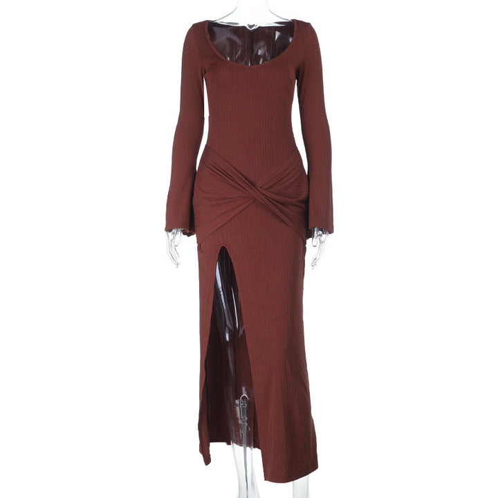 Damen elegantes langärmeliges Maxi-Kleid mit raffiniertem Wickel-Design und hohem Schlitz Echo Archiv