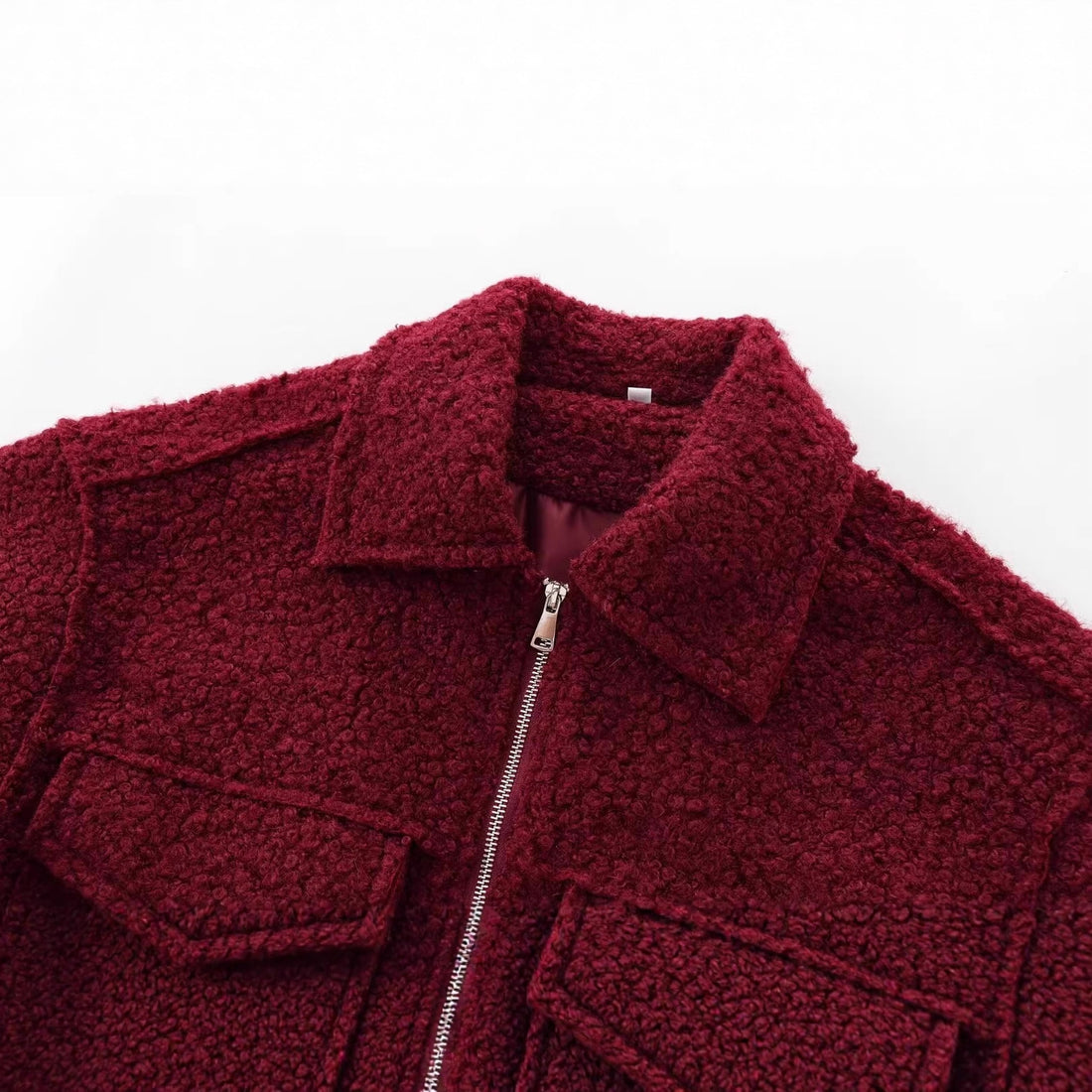 Damen Kurzgeschnittene Sherpa-Jacke mit Reißverschluss und aufgesetzten Pattentaschen Echoarchiv