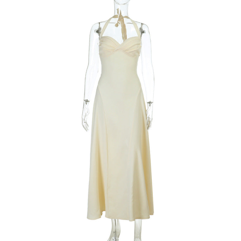 Damen elegantes Maxikleid mit Halter-Ausschnitt und fließendem Satin-Stoff Echoarchiv