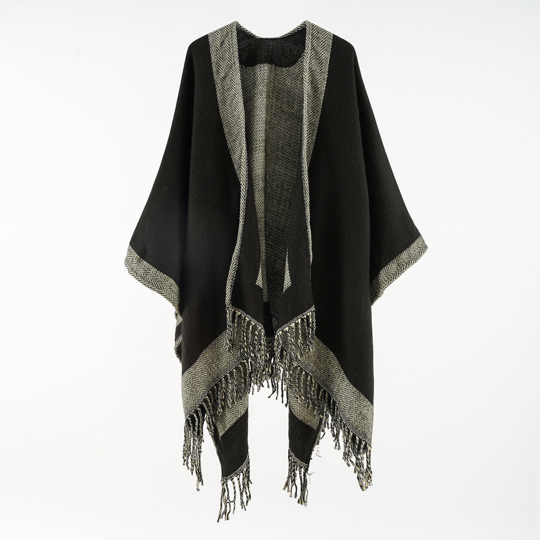 Damen Ruana‑Poncho mit Fransensaum und Fischgrät‑Webstruktur Echo Archiv