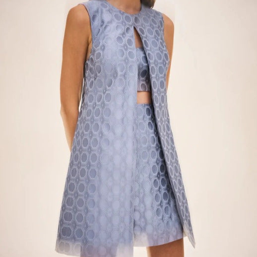 Damen nan Jacquard-Zweiteiler mit ärmelloser Longweste und tailliertem Bustier-Minikleid Echo Archiv