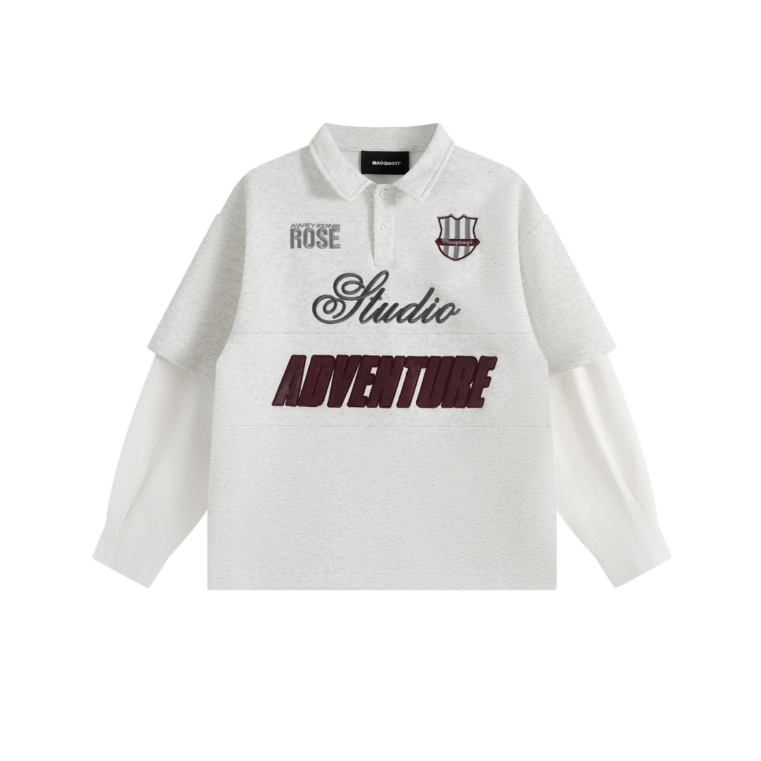 Damen Lagenlook-Sweatshirt mit Polokragen und aufgesetzten Stick-Patches Echoarchiv