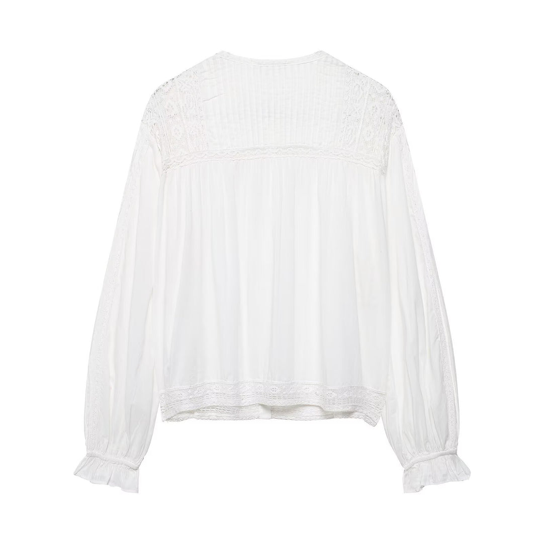 Damen Romantische Spitzenbluse mit Plisseefront, Spitzenpanelen und Ballonärmeln Echo Archiv