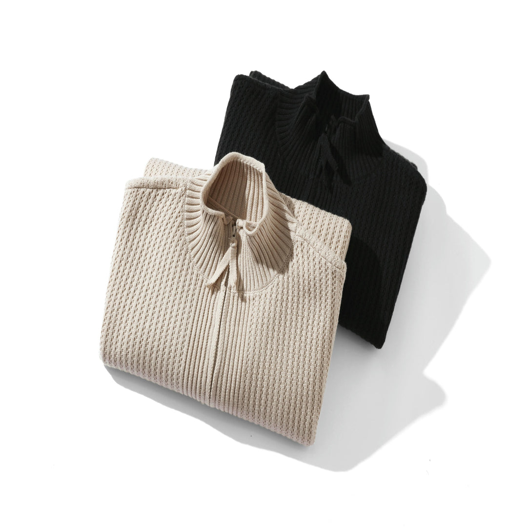 Unisex Strukturierter Zip-Pullover mit hohem Rippkragen und Perlmuster Echoarchiv