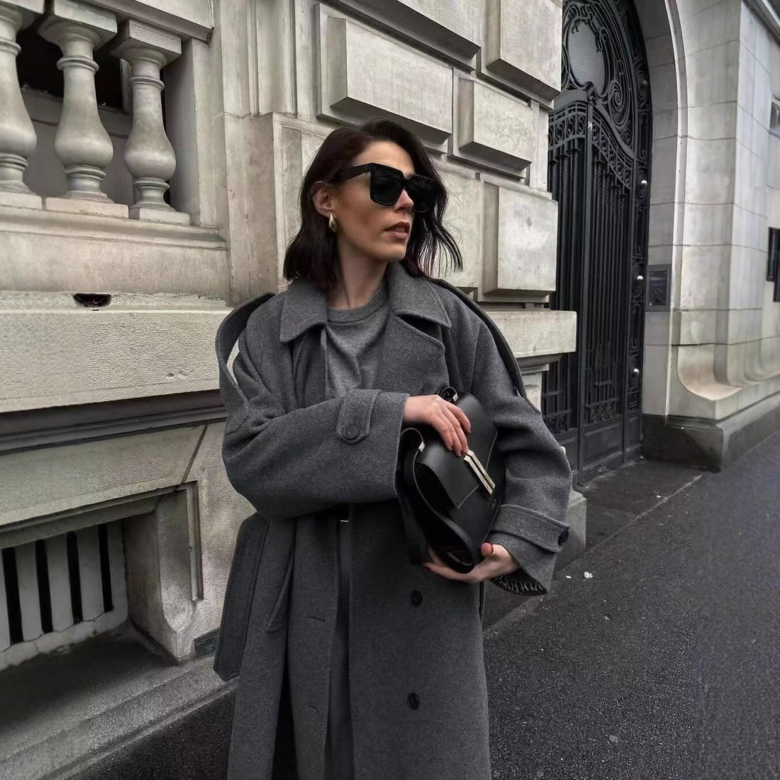 Damen Langer Woll-Trenchcoat mit Bindegürtel Echoarchiv