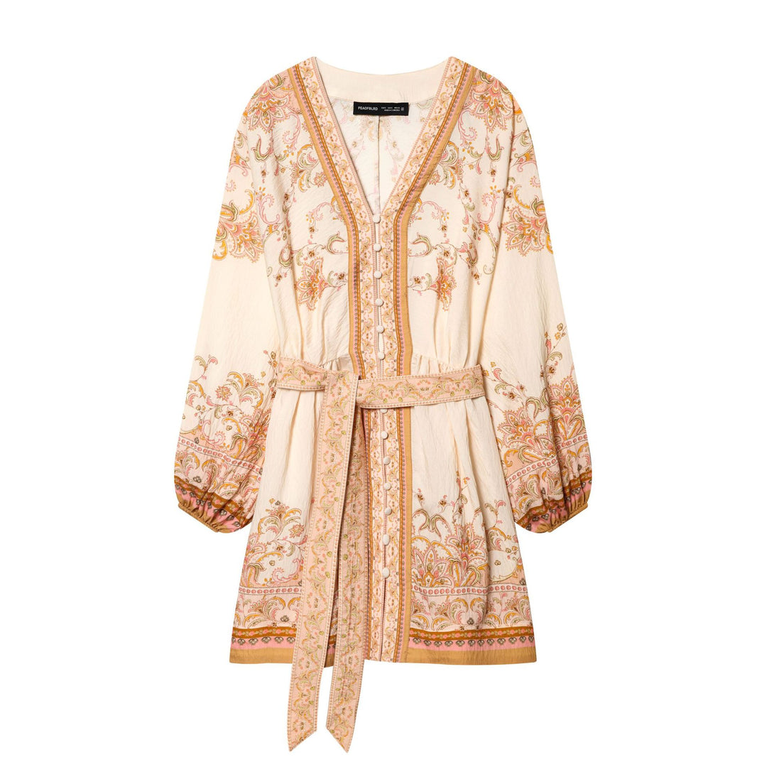 Damen besticktes Boho-Minikleid mit tiefem V-Ausschnitt, durchgehender Knopfleiste, taillierendem Bindegürtel und ballonärmeln – Élara