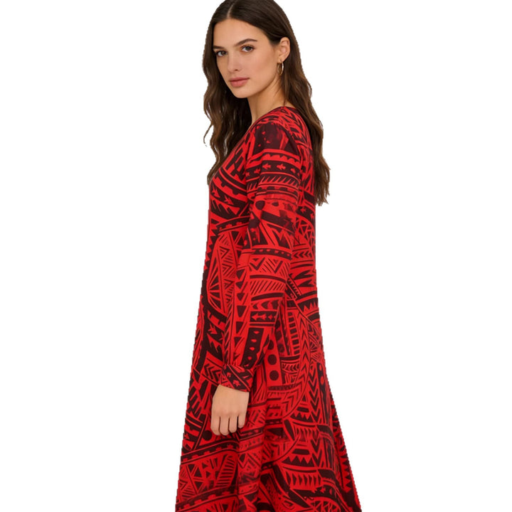 Damen Fließendes Maxikleid mit V-Ausschnitt, allover-geometrischem Print und weiter A-Linie – Valéora