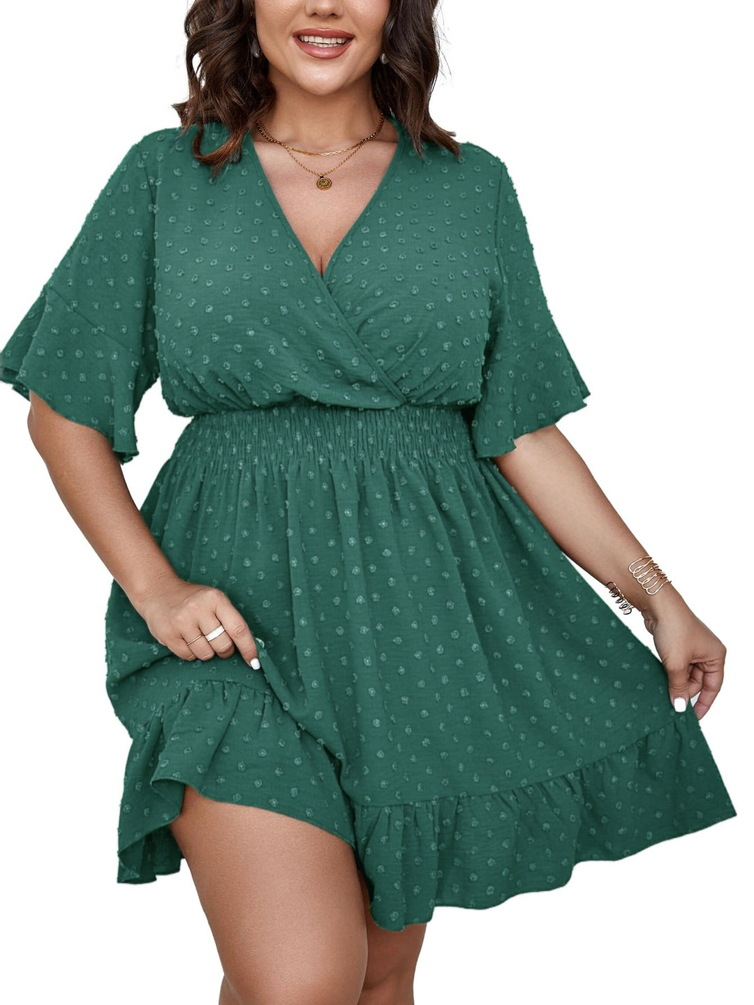 Damen Midikleid mit drapiertem V‑Ausschnitt, Smok-Taillenband und Volantstufen – Élara