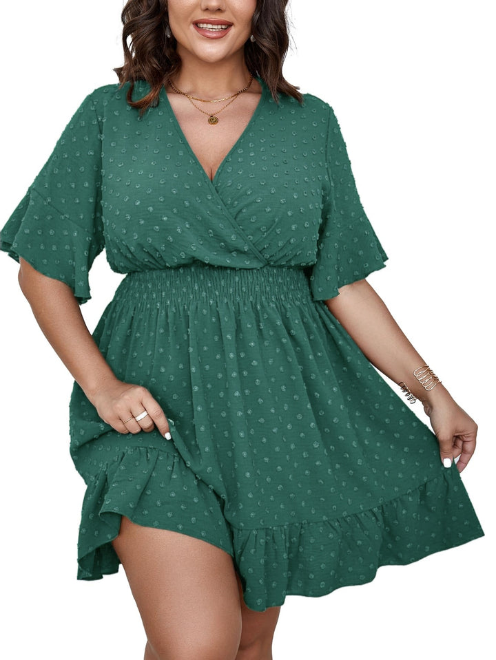 Damen Midikleid mit drapiertem V‑Ausschnitt, Smok-Taillenband und Volantstufen – Élara