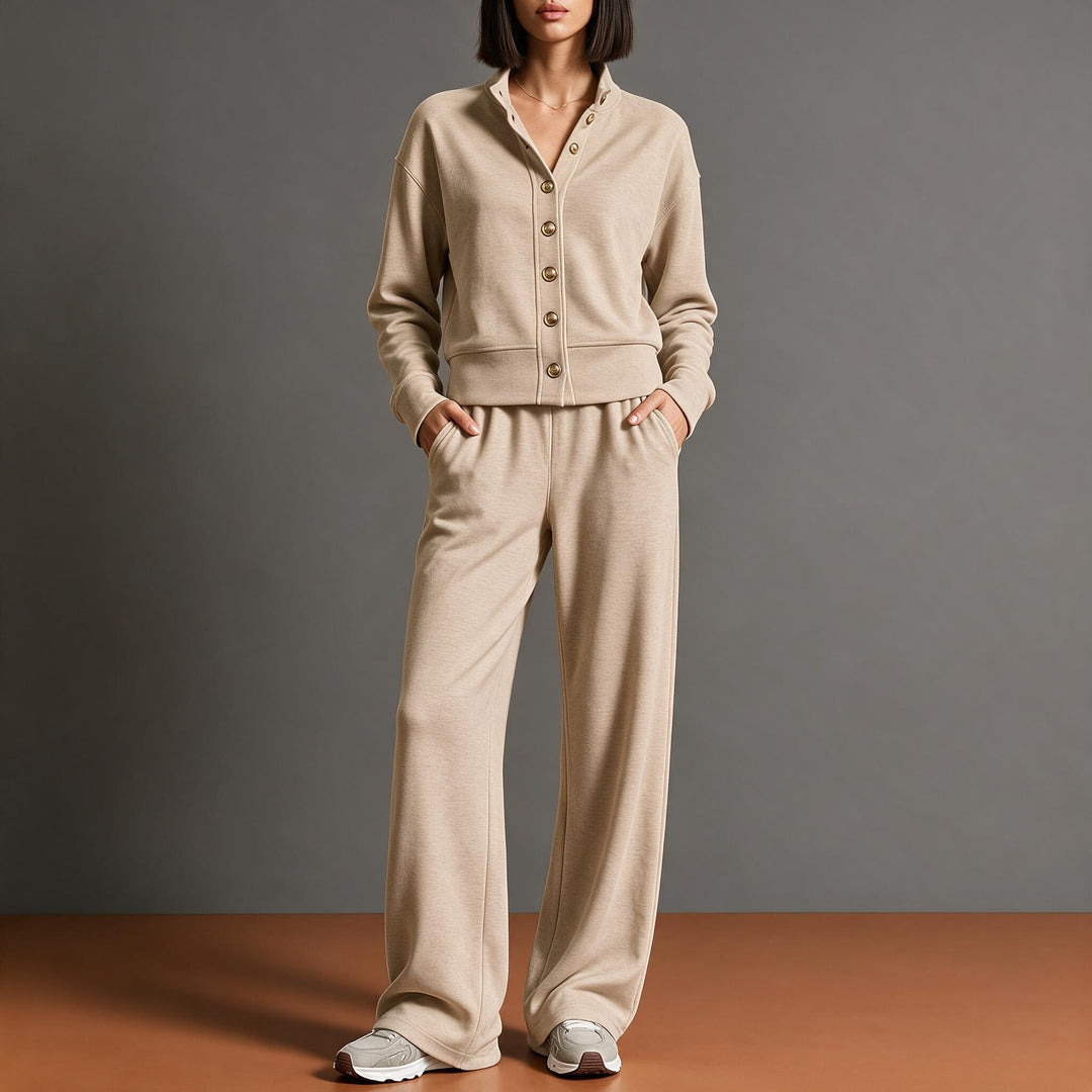 Damen Sweatjacke mit Druckknopfleiste, Stehkragen und weichem Lounge-Schnitt Echoarchiv