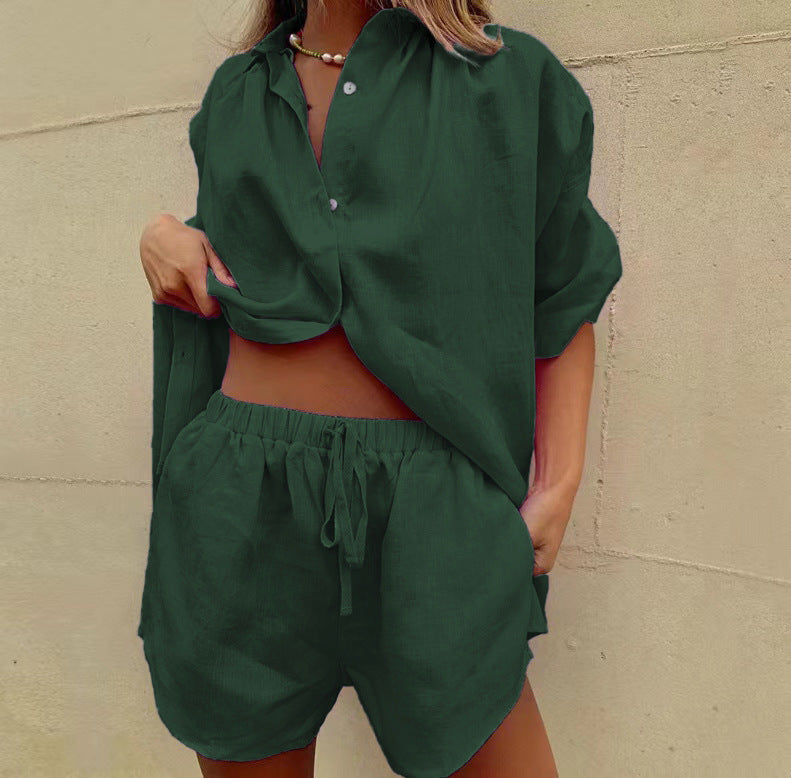 Damen lässiges Leinen-Pyjama-Set mit komfortablem Schnitt Echoarchiv
