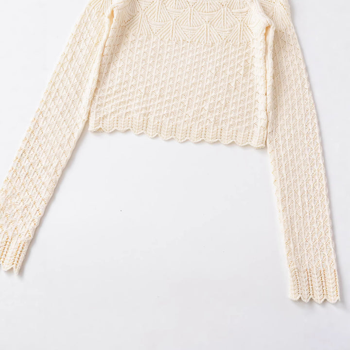 Damen nan gehäkelter Kurzpullover mit weitem Boot-Ausschnitt, feinem Lochstrickmuster und elastischem Bündchen Echo Archiv