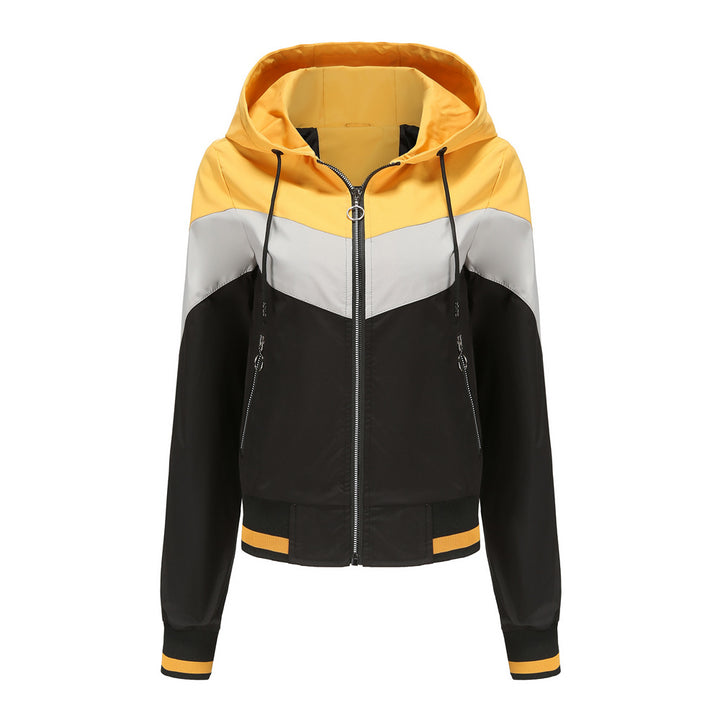 Damen nan leichte Windbreaker-Jacke mit Kapuze, Blockpaneel-Design, Reißverschlusstaschen und elastischem Saum Echo Archiv