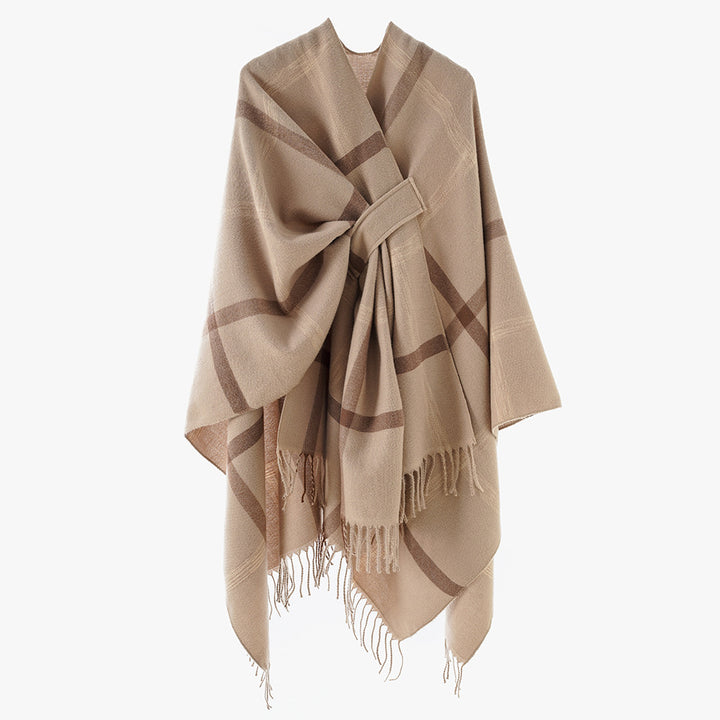 Damen Oversize-Capeponcho aus Wollmix mit Bindegürtel, Fransen und großem Karomuster Echo Archiv