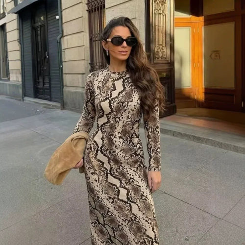 Damen Figurbetontes Midikleid mit Schlangenprint, taillierter Drapierung und Langarm-Schnitt Echoarchiv