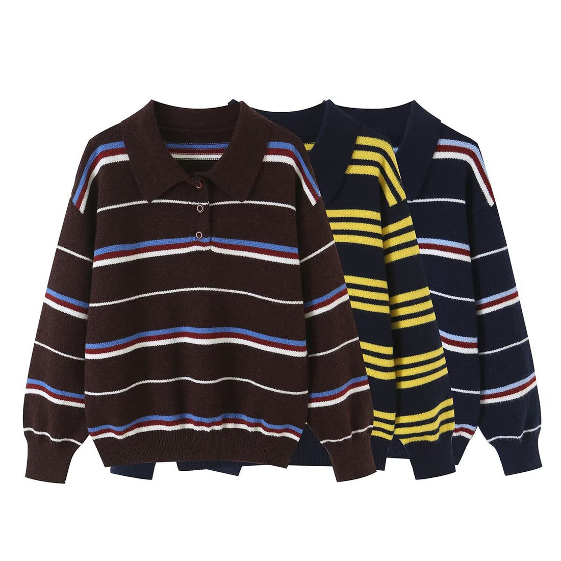 Damen Gestreifter Strickpolopullover mit kurzer Knopfleiste und Rippbündchen Echoarchiv